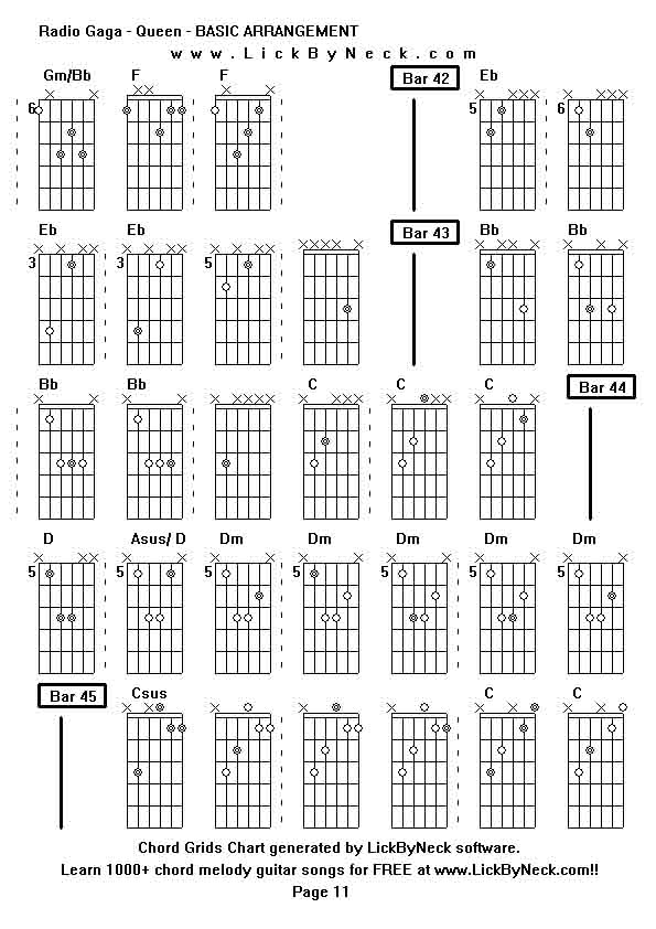 Chord Grids Chart of chord melody fingerstyle guitar song-Radio Gaga - Queen - BASIC ARRANGEMENT,generated by LickByNeck software.